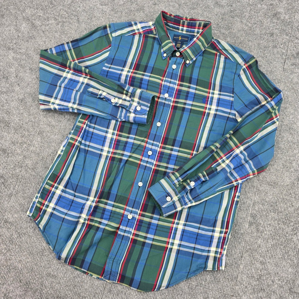 Ralph Lauren Boys L 14-16 Blue Green Plaid Button Down Shirt Long Sleeve Cotton
